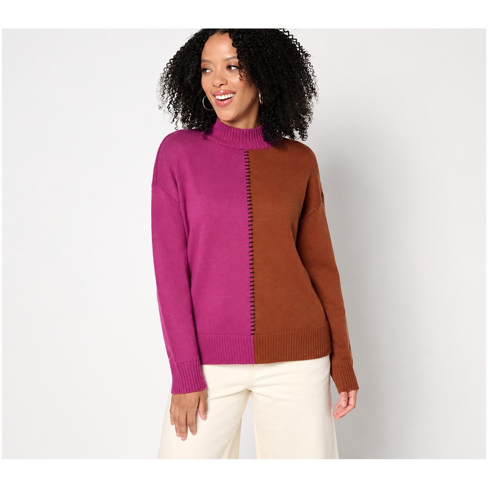 Peace Love World Solid or Split Color Mock-Neck Sweater Magenta/Spice,Medium